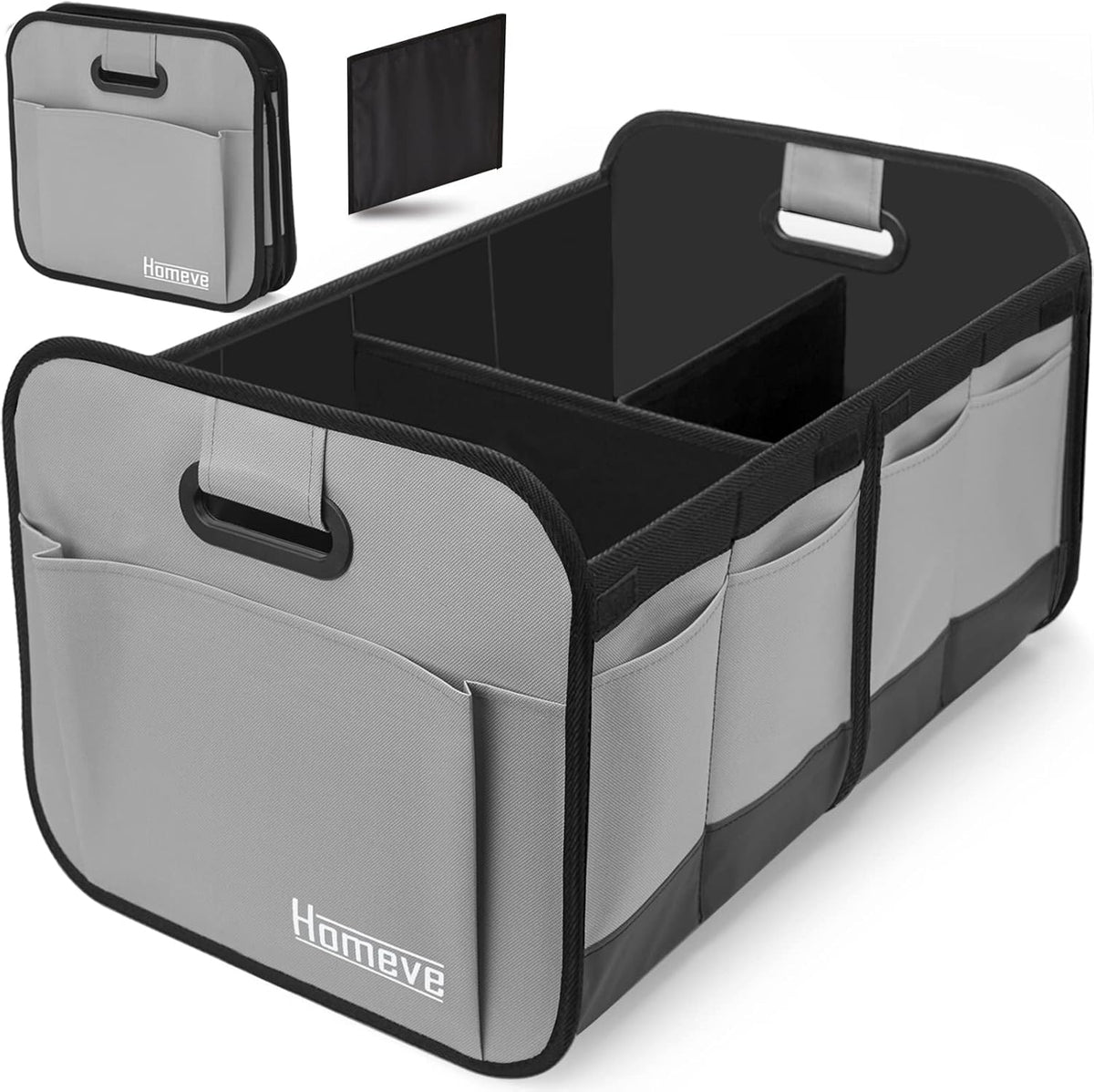 Homeve Car Trunk Organizer for SUV, 18.5Gal Large Capacity No-Sag Heavy Duty, Foldable Waterproof Anti-Slip Storage with 12 Pockets, Fit Sedan, Truck, Universal Car Accessories, Grey, 2 Compart,Large