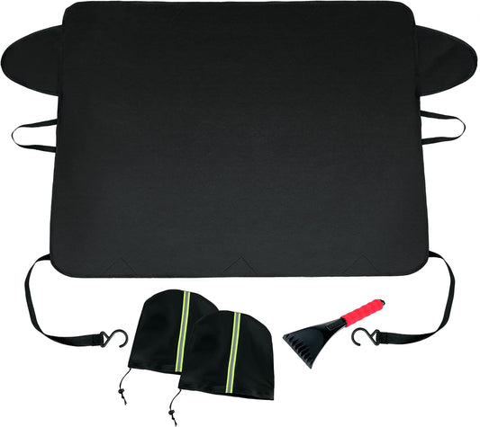 Xgunion Car Windshield Snow Cover for Ice and Snow- Durable 600D Oxford Fabric with Side Mirror Covers Ice Scrapers Waterproof Windproof Dustproof Windshield Covers Universal Fit for Most Vehicle