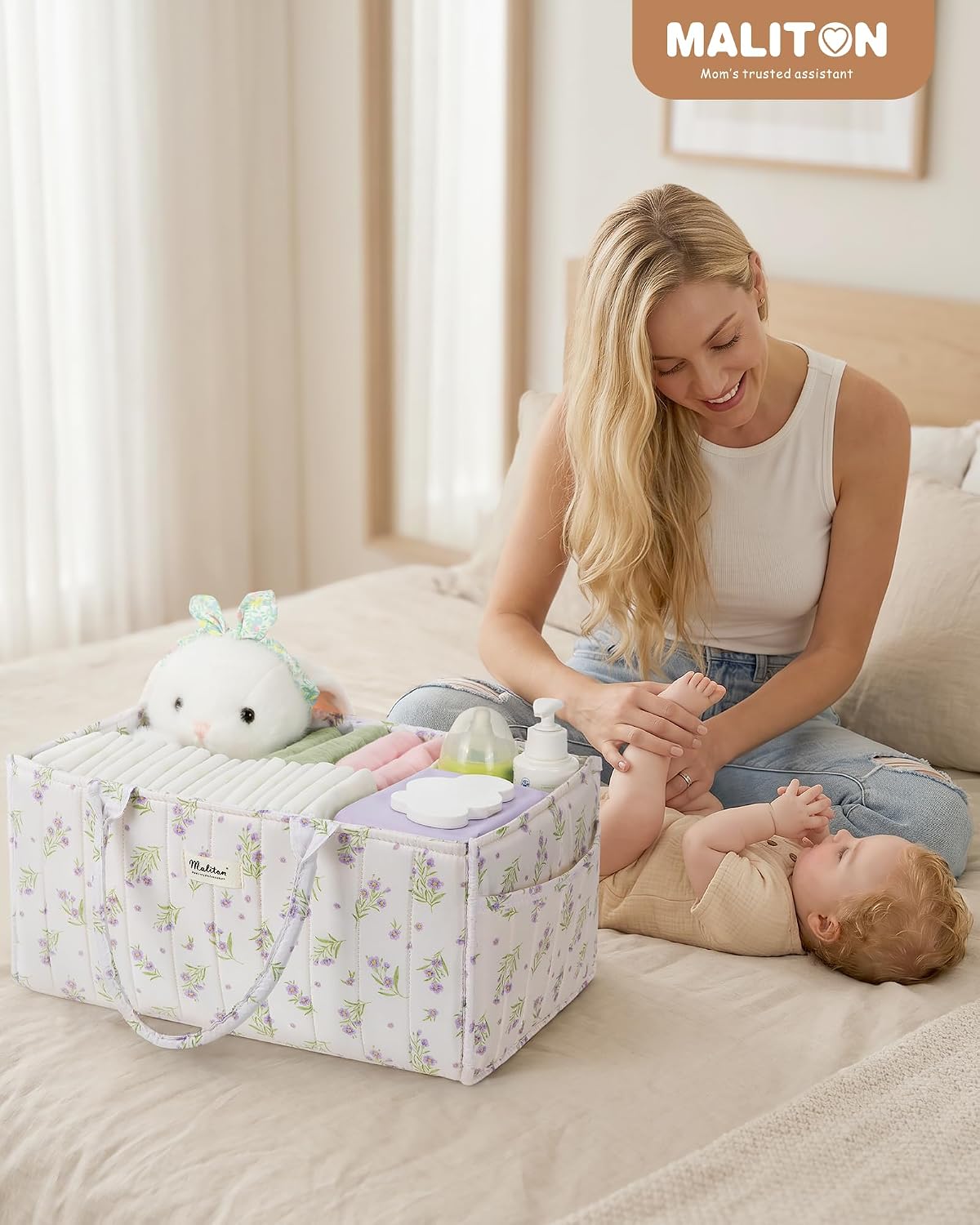 Maliton Diaper Caddy Organizer with 2 Side Pockets, Portable, Purple Floral | with Handle and Removable Dividers, Nursery Storage Basket, Car Organizer for Diapers & Wipes. Boy & Girl Shower Gift