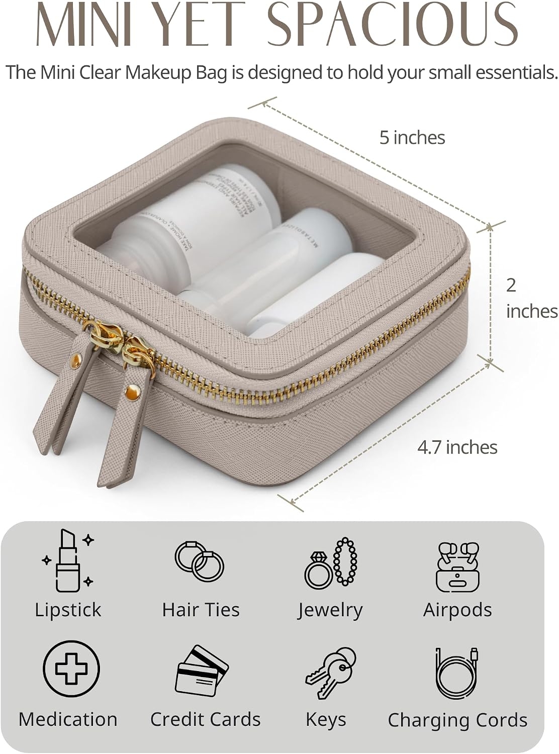 Popvibe Clear Makeup Bag Travel Cosmetic Case Toiletry Bag with Zipper Make Up Organizer Traveling Compact Car Bag Stone Mini