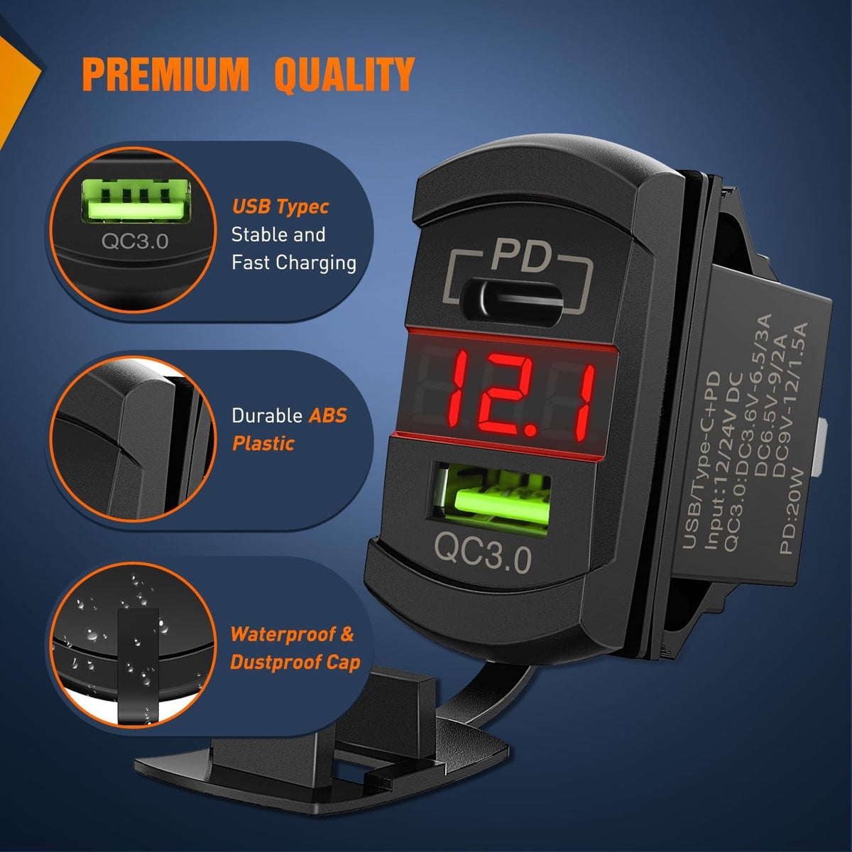 Nilight Rocker Switch Style PD Type C and USB Outlet LED Voltmeter