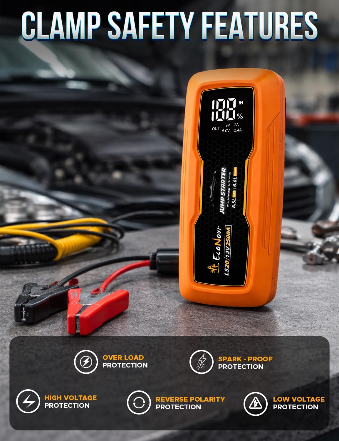 EcoNour 2500A Portable Car Jump Starter 12V Battery Booster Pack Up to 8.5L Gas & 6L Diesel Engines – Jump Box with Jumper Cables, USB Charger, LCD Display, LED Flashlight – for Cars, SUVs, Trucks