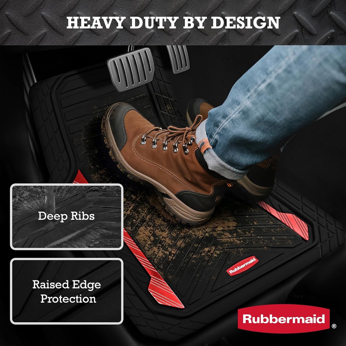 Rubbermaid Car Floor Mat, Heavy Duty All-Weather Car Mats Full Set with Dual-Tone Red Aluminum Inserts – Universal Fit, Anti-Slip Backing, Trim-to-Fit for Most SUV, Sedan, Van
