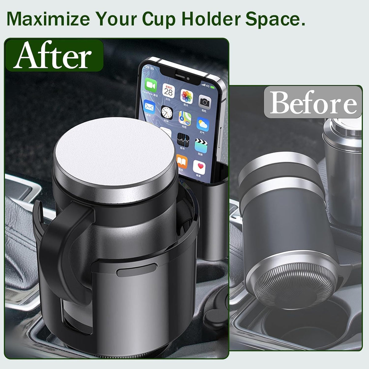 Car Cup Holder Expander with Phone Holder for GMC Acadia SLE SUV 2010-2025, Extra Wide Drink Caddy Adjustable Base for 105mm Bottles Handled Mugs,Without Phone Holder