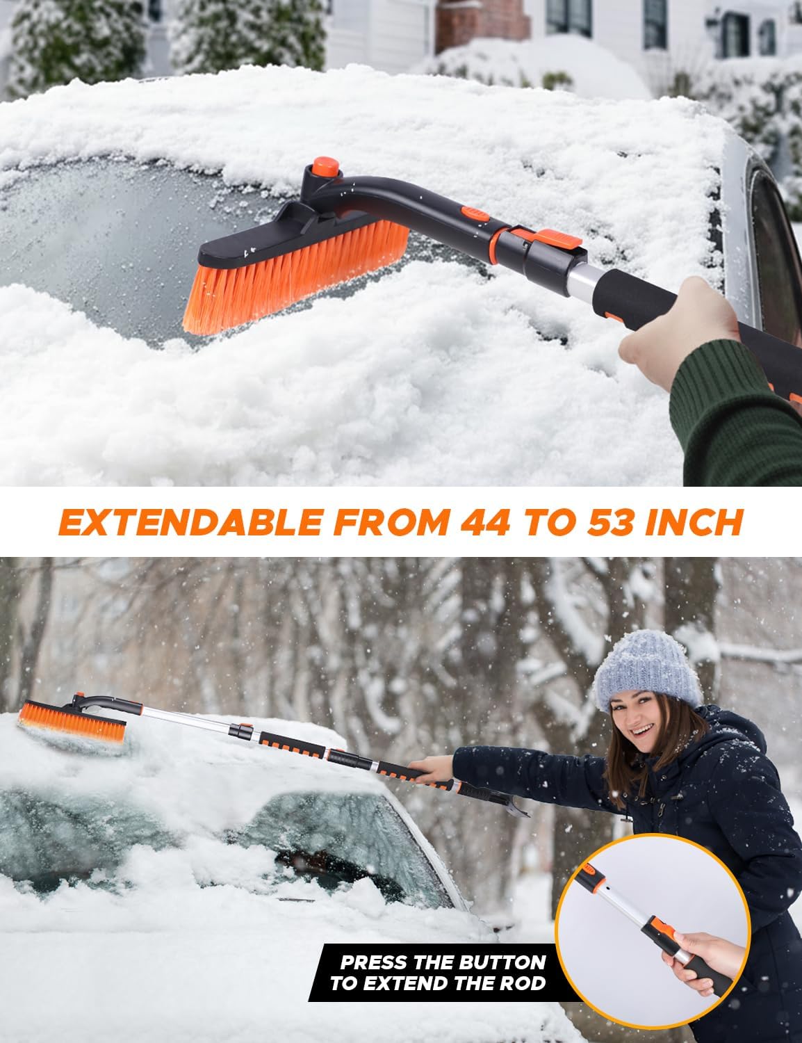 EcoNour 53″ 3 in 1 Extendable Snow Brush with Ice Scraper for Car Windshield | 360° Pivoting Long Snow Brush for SUV, Truck, and Car | Winter Car Accessories