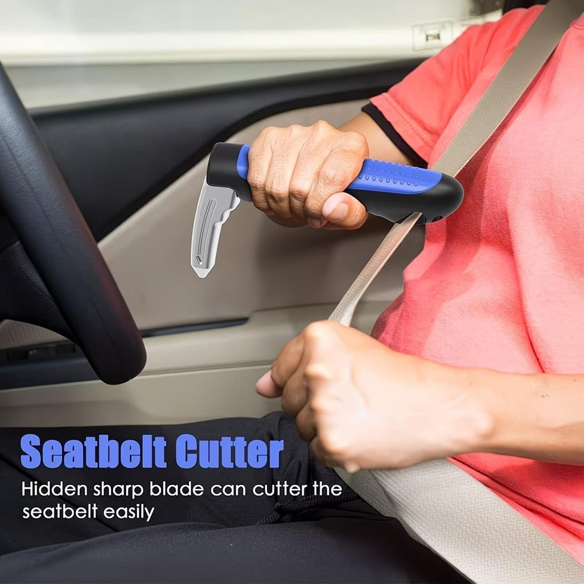 3‑in‑1 Car Door Assist Handle 2Pcs, Support for Seniors with Seat Belt Cutter & Window Breaker Blue