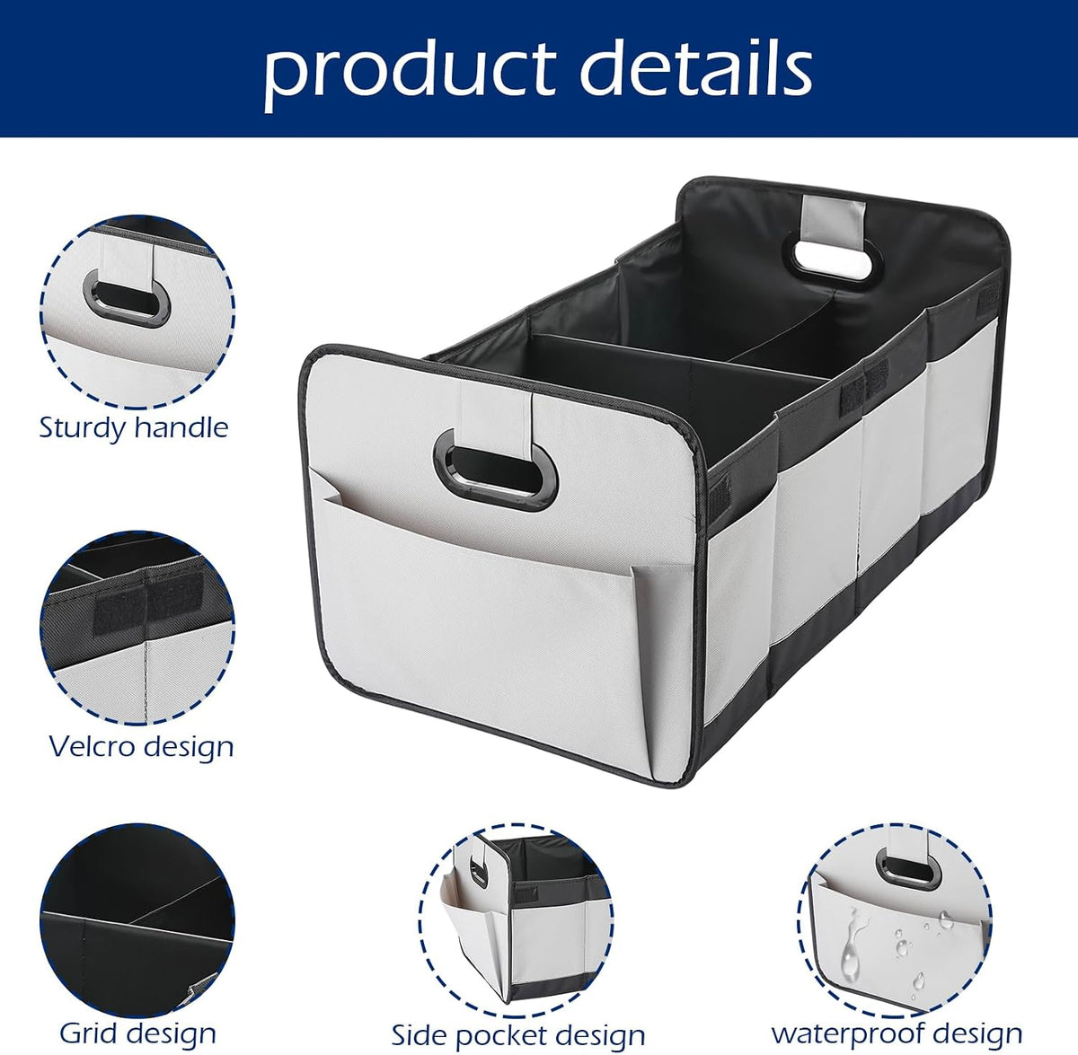 Foldable Car Trunk Organizer - 63L Collapsible Multi-Compartment Storage with 10 Side Pockets, Reinforced Handles & Waterproof 600D Oxford Polyester - Fits Car, SUV, Minivan - Grey