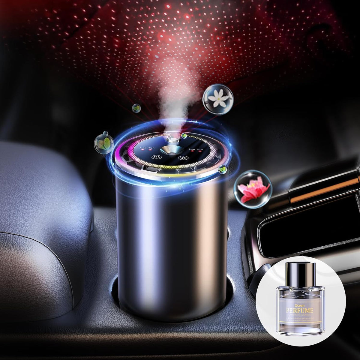 Smart Car Air Fresheners Diffuser with Starry Sky Projection Adjustable Scent, Essential Oil Diffusers for Automatic On/Off Automatic Aroma Diffuser with 50ml Car Perfume- Cologne