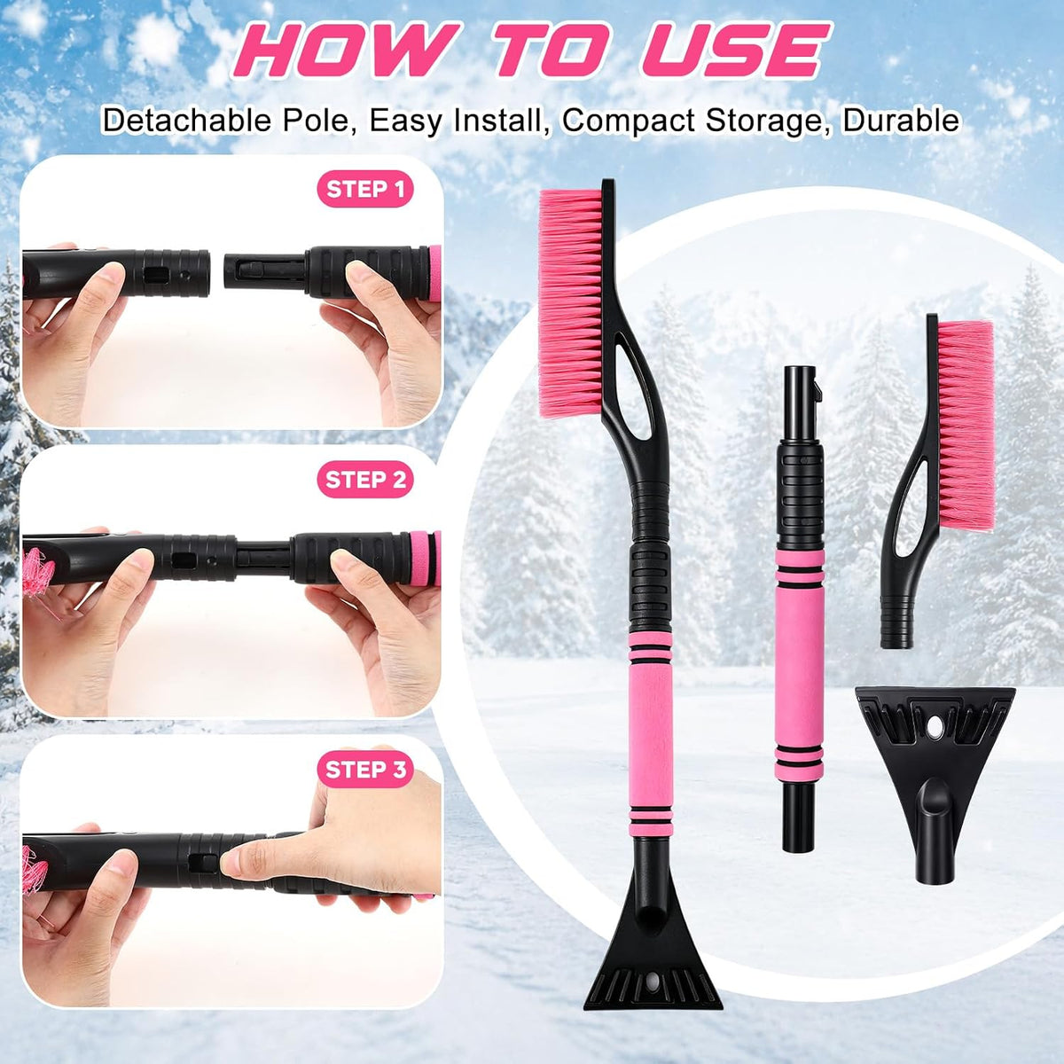 32'' Extendable Snow Brush and Ice Scraper for Car Windshield, Pink 2 in 1 Detachable Snow Scraper with Soft Grip Handle Additional Handhold, Multi-functional Removal Tool for Car, Truck, SUV