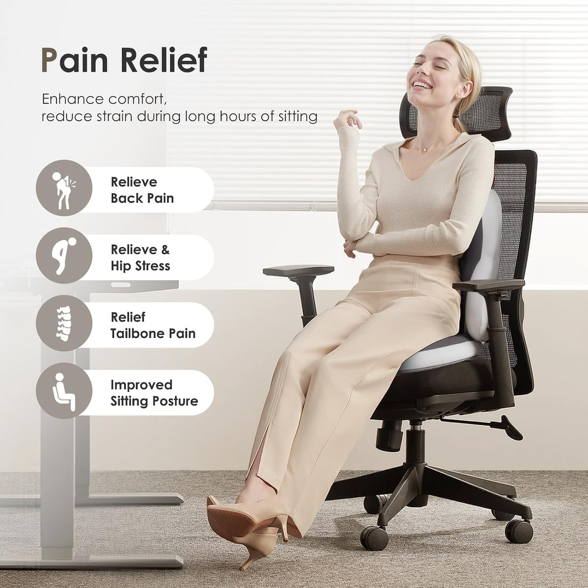 FLORICH Car Seat Cushion and Back Support for Car Ultrathick Memory Foam Office Chair Cushions with Lumbar Support Pillow for Sciatica & Back & Tailbone Pain Relief (Beige Grey)