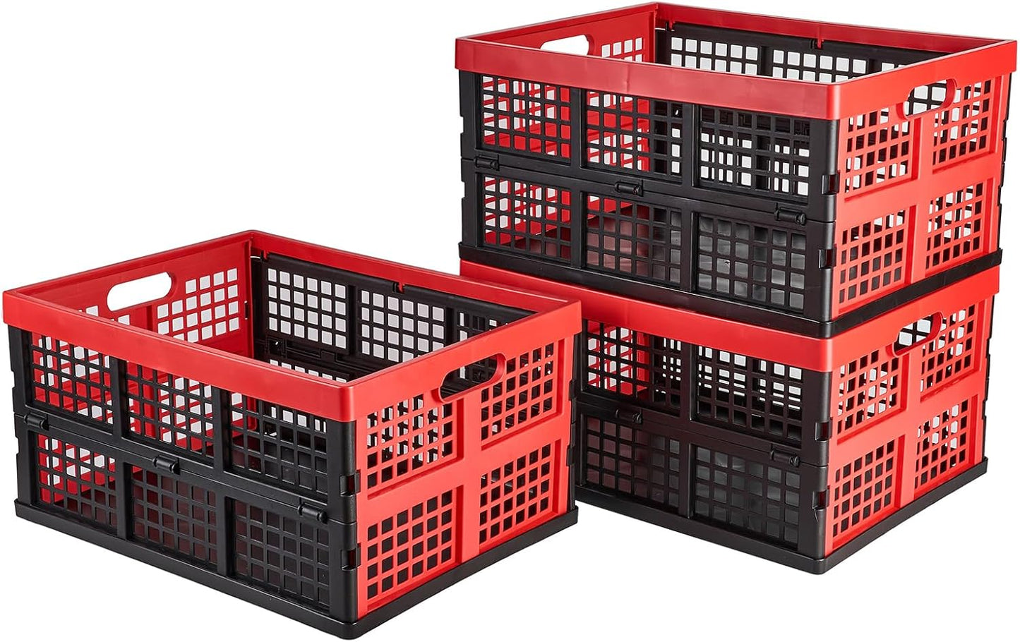 Aebeky 3-Pack Plastic Collapsible Storage Crates-30L,Foldable Plastic Crates for Storage (Black+Red)