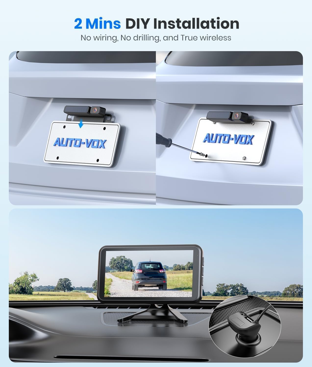 AUTO-VOX Solar Wireless Backup Camera: 5" 1080P Monitor, 2 Min Easy Install | 2 Split Screen & 5000mAh Battery Back Up Camera, IP69K Waterproof Reverse Camera for Car, Van, SUV, Truck, Trailer