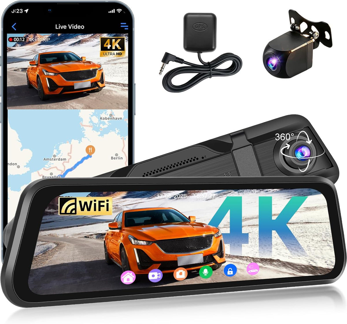 4K Mirror Dash Cam, 9.66 inch Touchscreen Rear View Mirror Camera