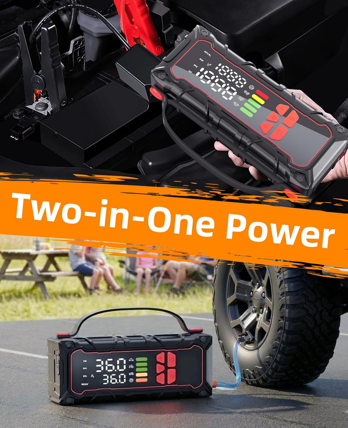 5000A Car Battery Jump Starter with Portable Tire Inflator 160PSI, Car Battery Charger 7.0L Gas/6.0L Diesel, Jump Box Power Bank& Jumper Cables for Car