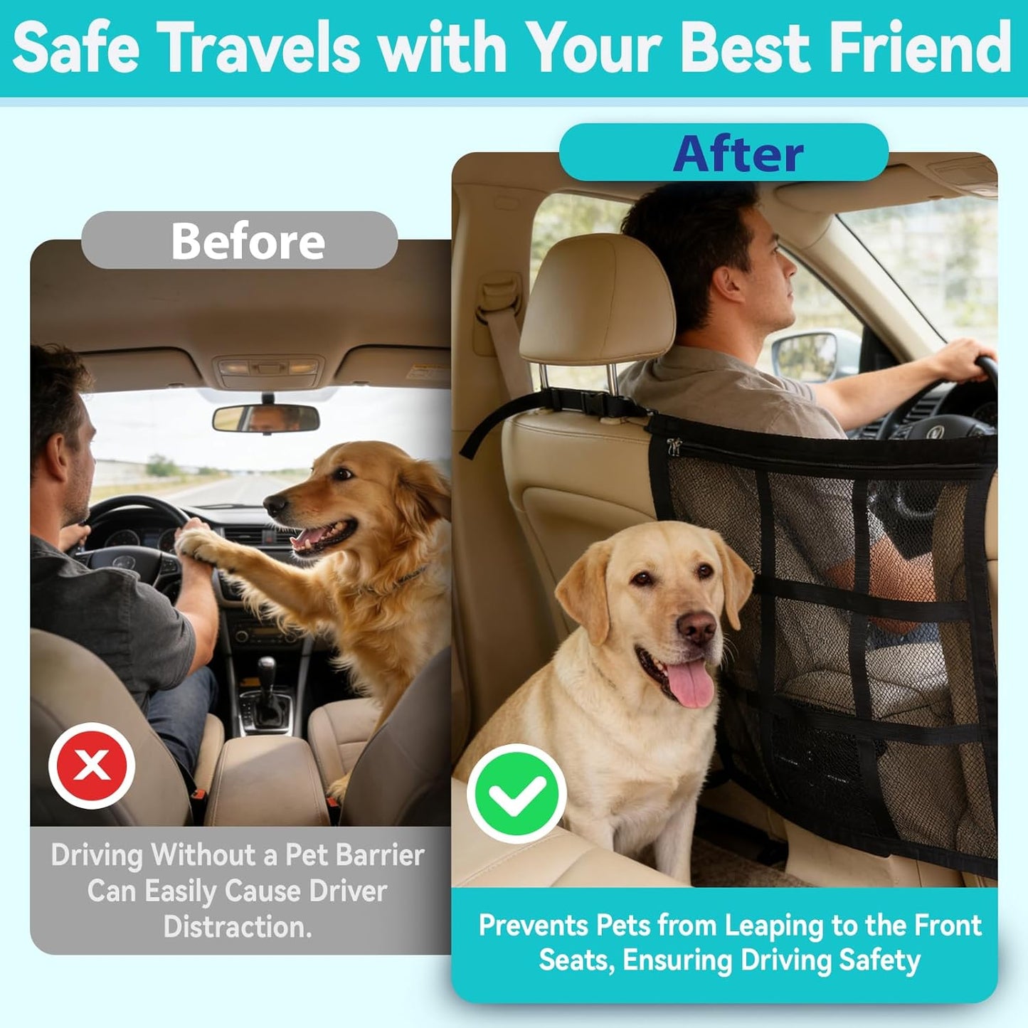 Dog Car Barrier,9-Grid Reinforced,Easy-Install Car Net for Dogs | Dog car net barrier, double mesh & zipper storage, dog barrier for suv sedans trucks, dog net for car ensures driving safety.