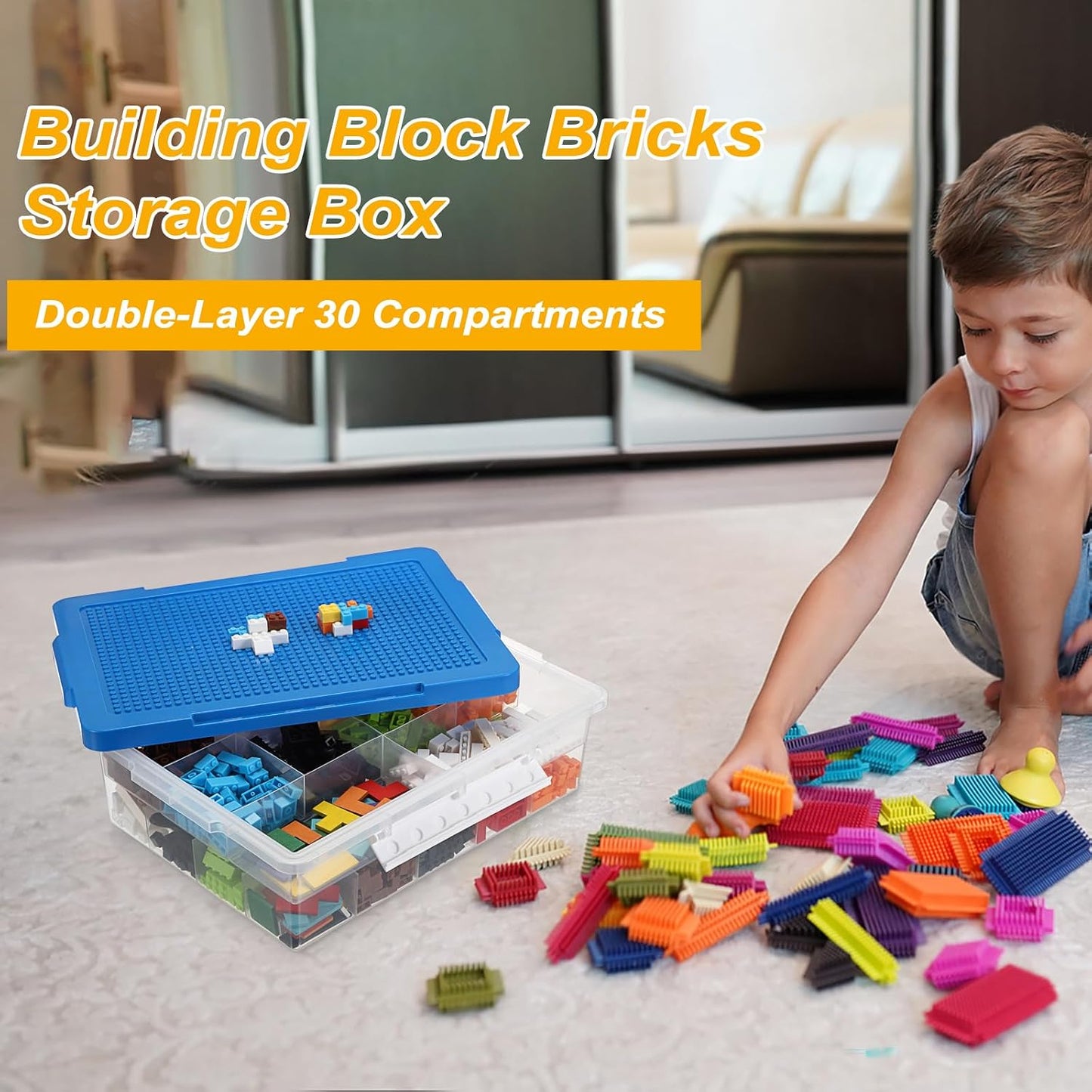 Plastic Organizer Bins for Blocks, Blocks Storage Container with Baseplate Lid Removable Tray, Stackable Double Layer 30 Slots Clear Storage Box Organizer for Bricks, Crafts, Beads(Blue)