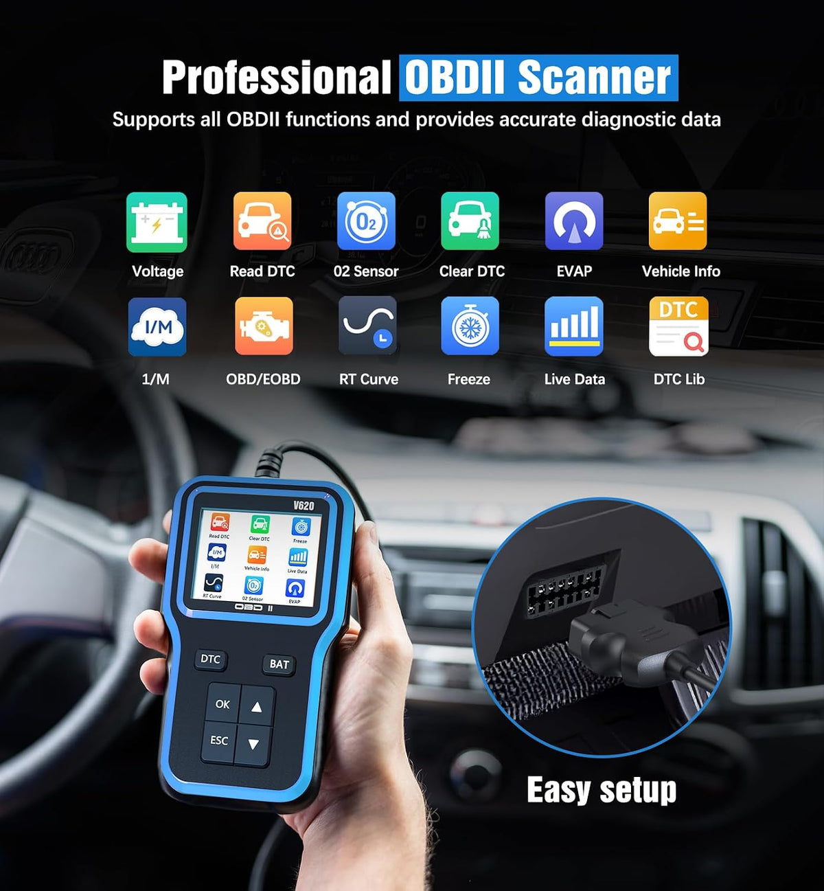 OBD2 Scanner & Battery Tester, Car Diagnostic Tool for Check Engine Light