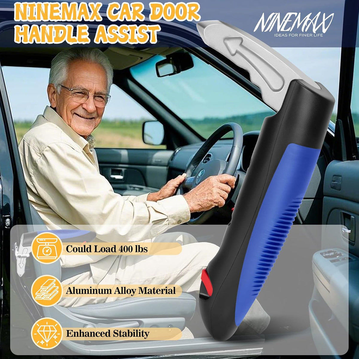 NINEMAX Car Door Handle for Elderly Car Handle Assist Support, Auto Grab Handles, Portable 3 in 1 Car Door Cane for Seniors, Handicap (1 pc with Strap)