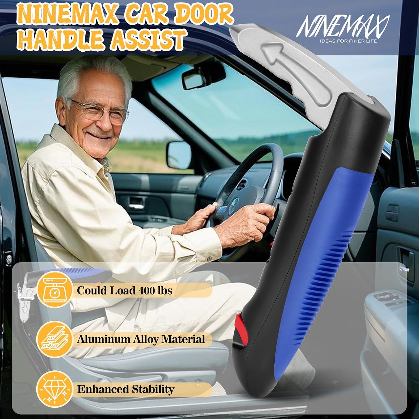 NINEMAX Car Door Assist Handle for Elderly, 3-in-1 Portable Car Cane (2pc) | Stable Support for Easy Vehicle Entry, Fits Most Cars, 3-in-1 Design, Lightweight & Portable, Non-Slip Grip, Tool-Free Setup