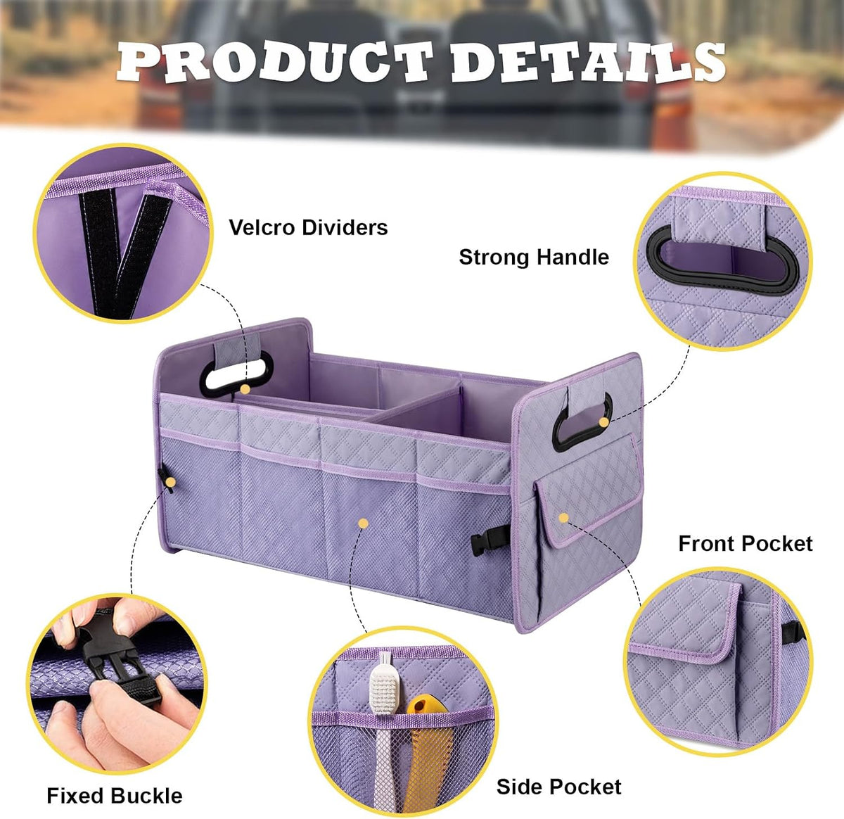 Car Trunk Organizer for SUV, Collapsible Car Storage Organizer Light Purple
