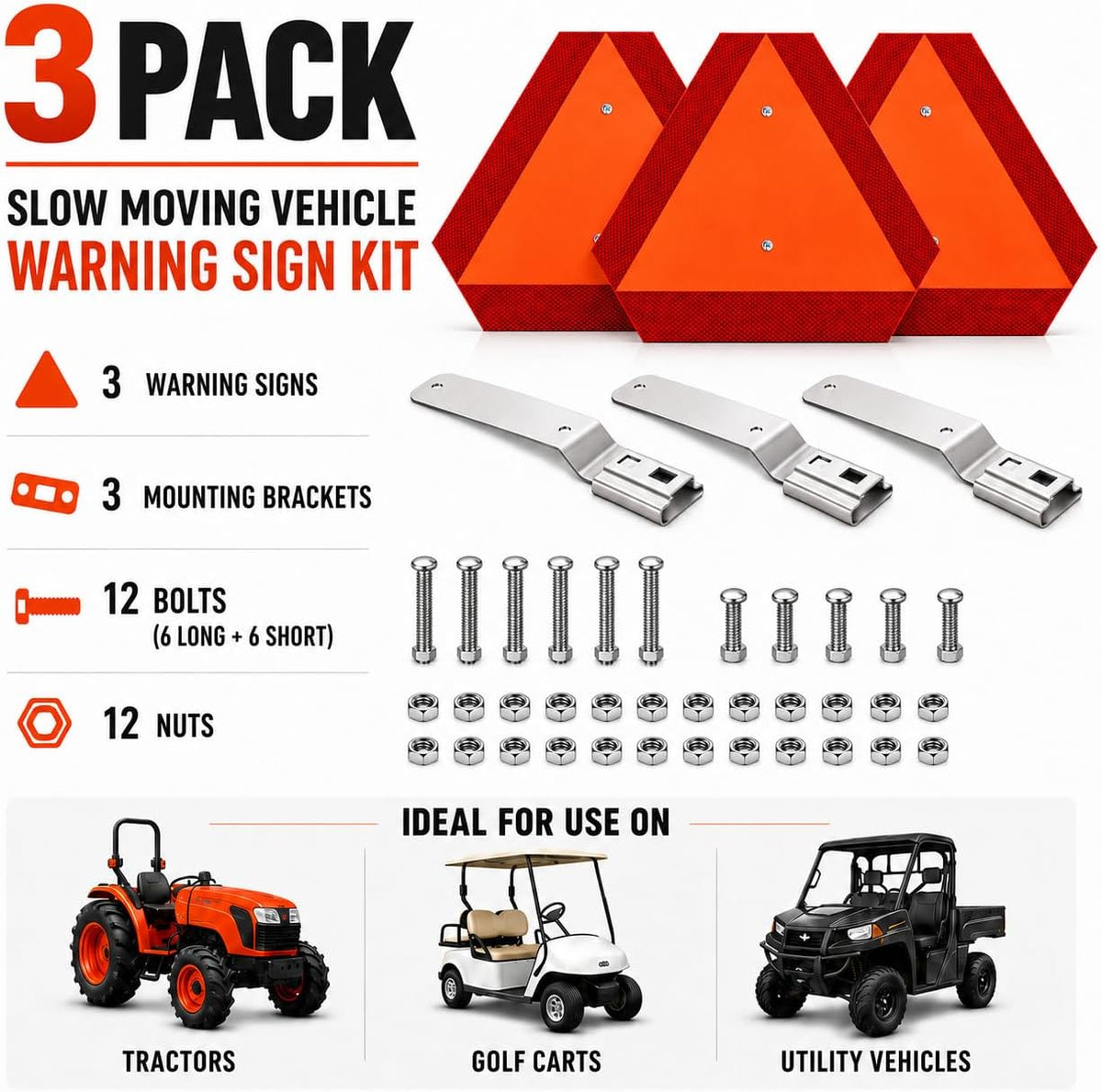 3 Set -Slow Moving Vehicle Sign with Mounting Bracket, 14 x 16 Inch Aluminum Reflective Triangle, Orange SMV Warning Sign for Golf Cart, Tractor, UTV, ATV, Roadside Safety