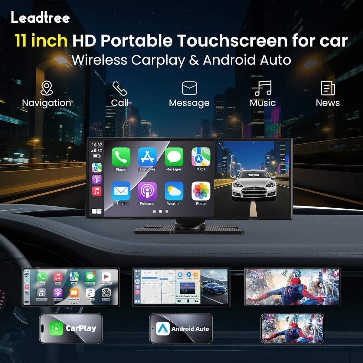 11.5 inch Wireless CarPlay Screen for Car, HD Touchscreen with Wireless CarPlay & Android Auto, 4K Dash Cam, 1080P Backup Camera, Navigation, Bluetooth, Voice Control, FM Transmitter, Mirror Link