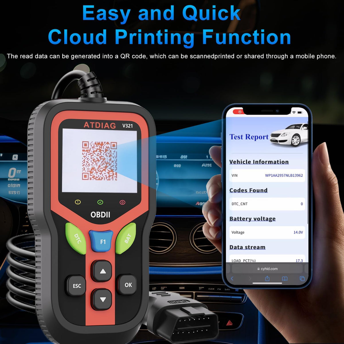 OBD2 Scanner Diagnostic Tool, Check Engine Lights and Clear Vehicle Trouble Code, Battery Start Test, Live Data, Cloud Printing, Freeze Frame, Car Scanner for All OBDII Vehicles Since 1996
