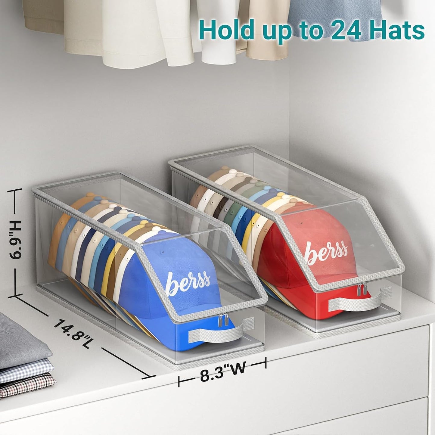 AOODA 2PCS Stackable Hat Storage for Baseball Caps, Clear Hat Organizer for Closet Holds up to 24 Caps, Men‘s Hat Box Display with Cardboard (Grey)