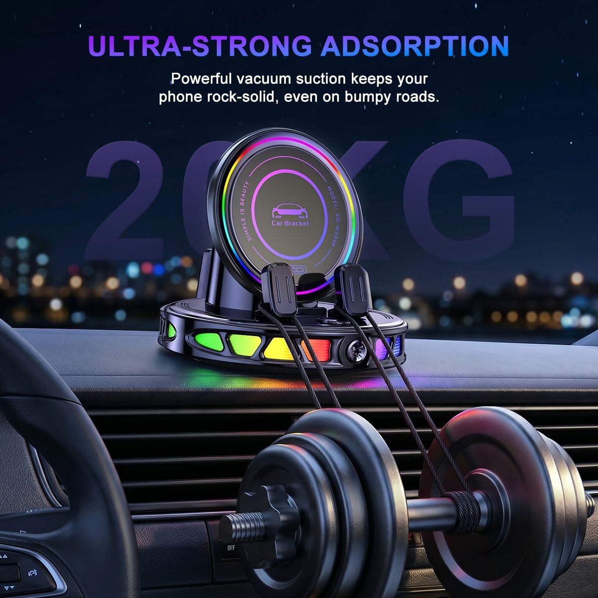 Wireless Car Charger Dashboard Phone Holder,15W Fast Charging One-Hand Operation Rotatable Bracket with RGB Light,Anti-Slip Navigation Mount with Strong Suction Cup, for Most Smart Phone