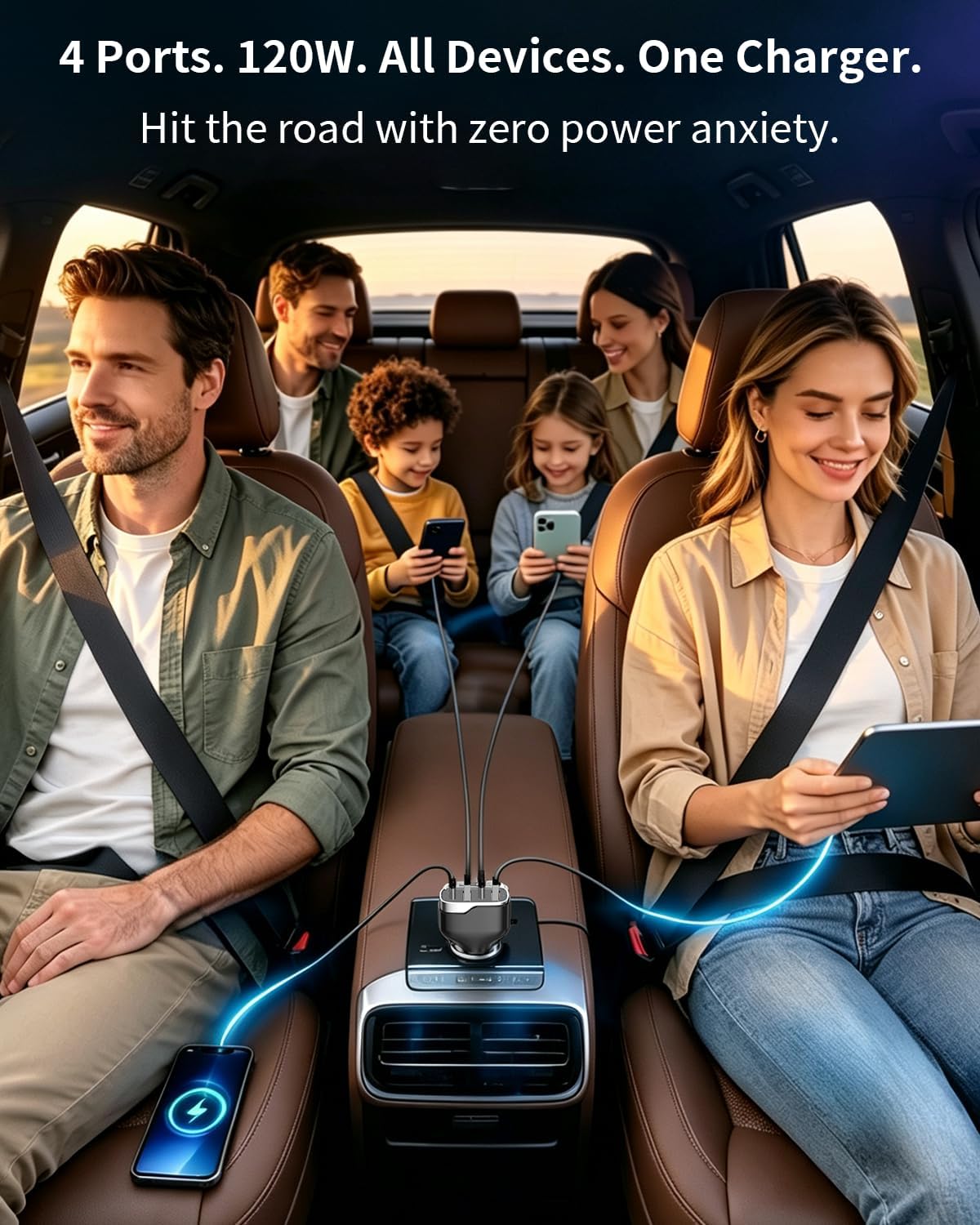 SUNDA 120W USB C Fast Car Charger, USB C Car Phone Charger, 4-Port (2 USB-C + 2 USB-A) PD 3.0/60W PPS QC 3.0, Cigarette Lighter USB Charger Adapter for Road Trip iPhone/Samsung/Google Pixel/iPad
