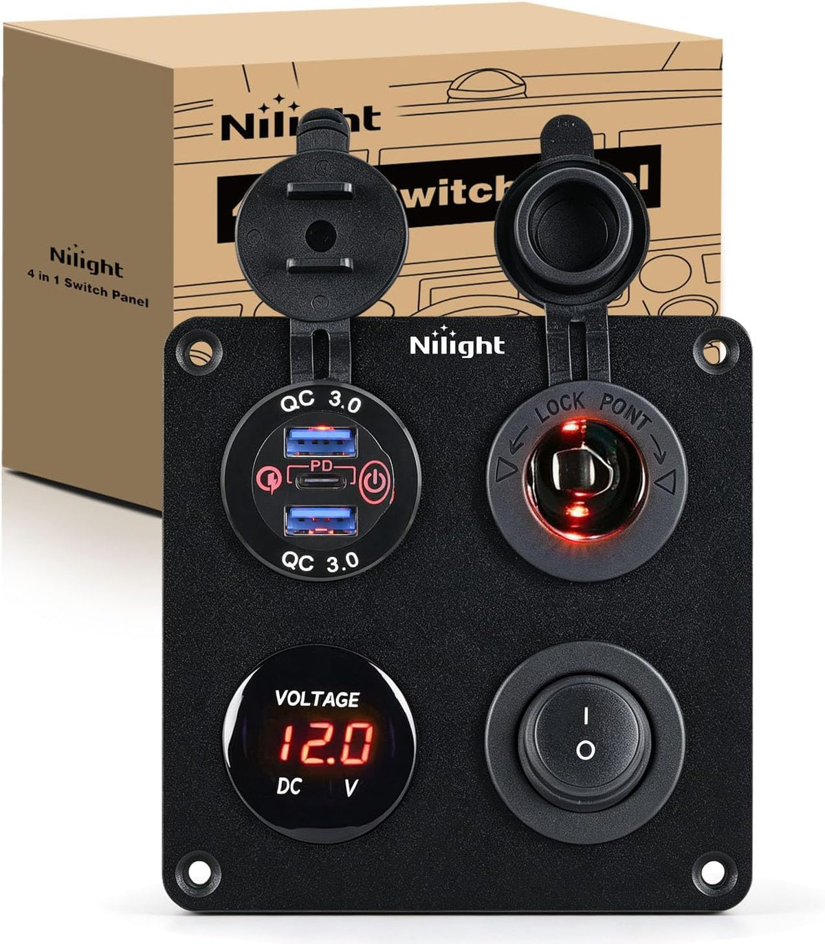 Nilight 4 in 1 Toggle Switch Panel Red Power Outlet USB Charger Voltmeter