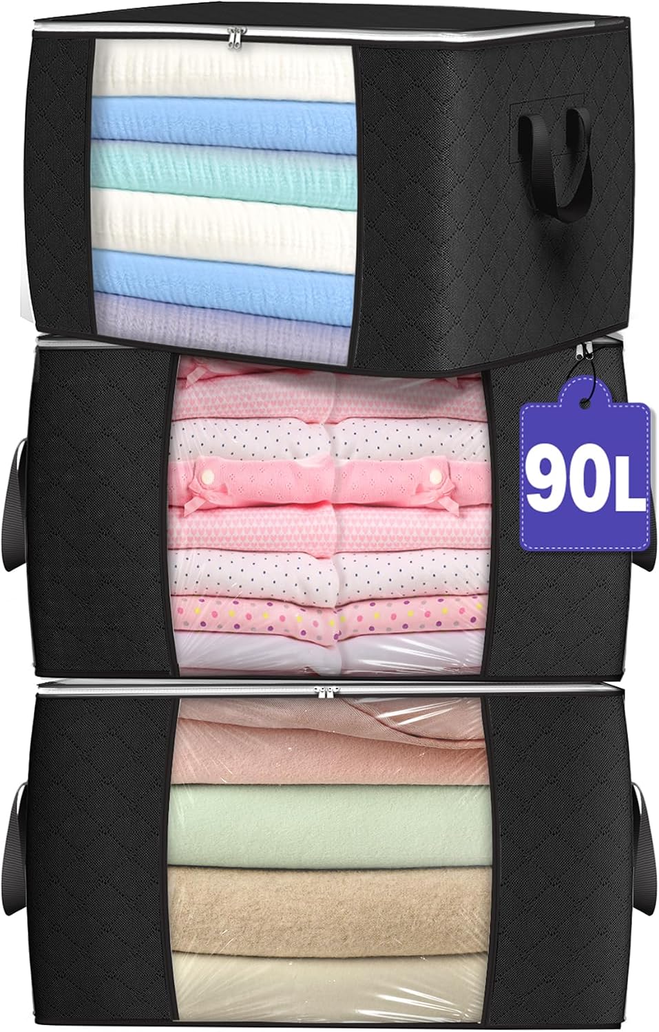 90L Large Storage Bags, 3 Pack Clothes Storage Bins Closet Organizers