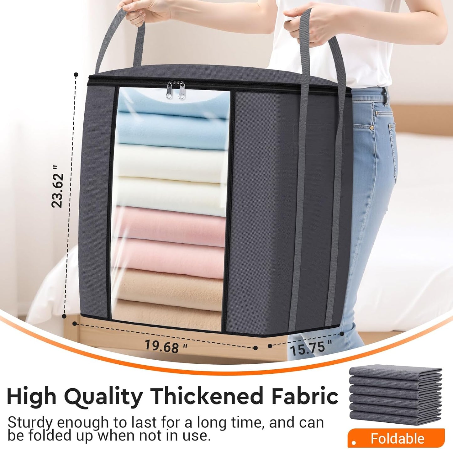 TasticTotes 120L Extra Large Clothes Storage Bags, Foldable Blanket Storage and Organization, Thick Fabric Containers with Reinforced Handles & Zippers for Clothing, Comforters, Bedding, Gray, 2 Pack