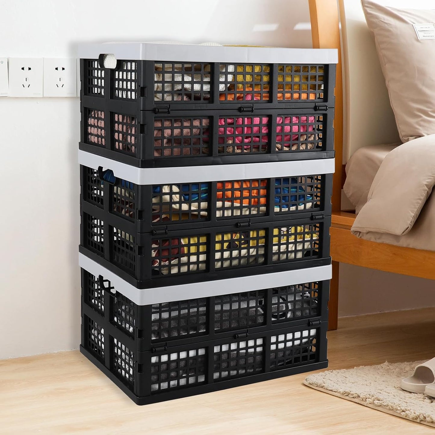 34 L Plastic Collapsible Crates, Folding Storage Crate, 3 Packs | Space-Saving Stackable Crate Basket with Carry Handles, Quick-Fold Design for Home, Garage, Car Trunk