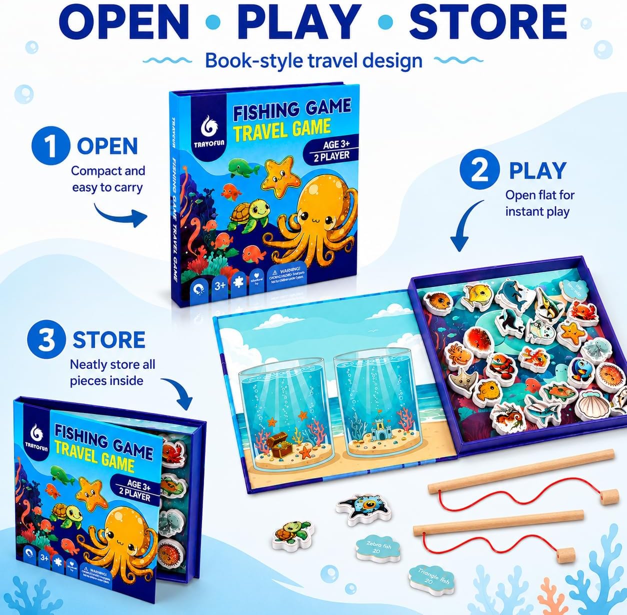 TRAVOFUN Magnetic Fishing Game Book for Kids Ages 3-8, Travel Toys for Toddlers 3-5, Road Trip and Airplane Activities, Quiet Portable Car Ride Toy with 2 Poles and 27 Ocean Fish