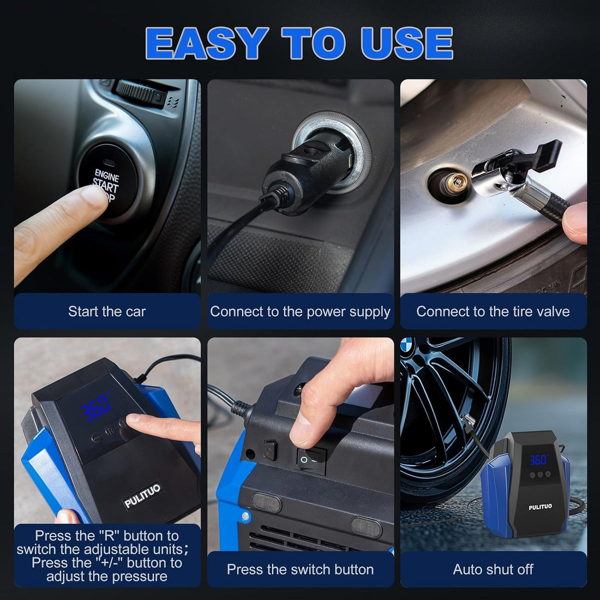 PULITUO 12V DC Tire Inflator - Portable Air Compressor 35L/min, 150 PSI Car Tire Pump with Auto Shut Off, Digital Pressure Gauge and LED Light, Blue