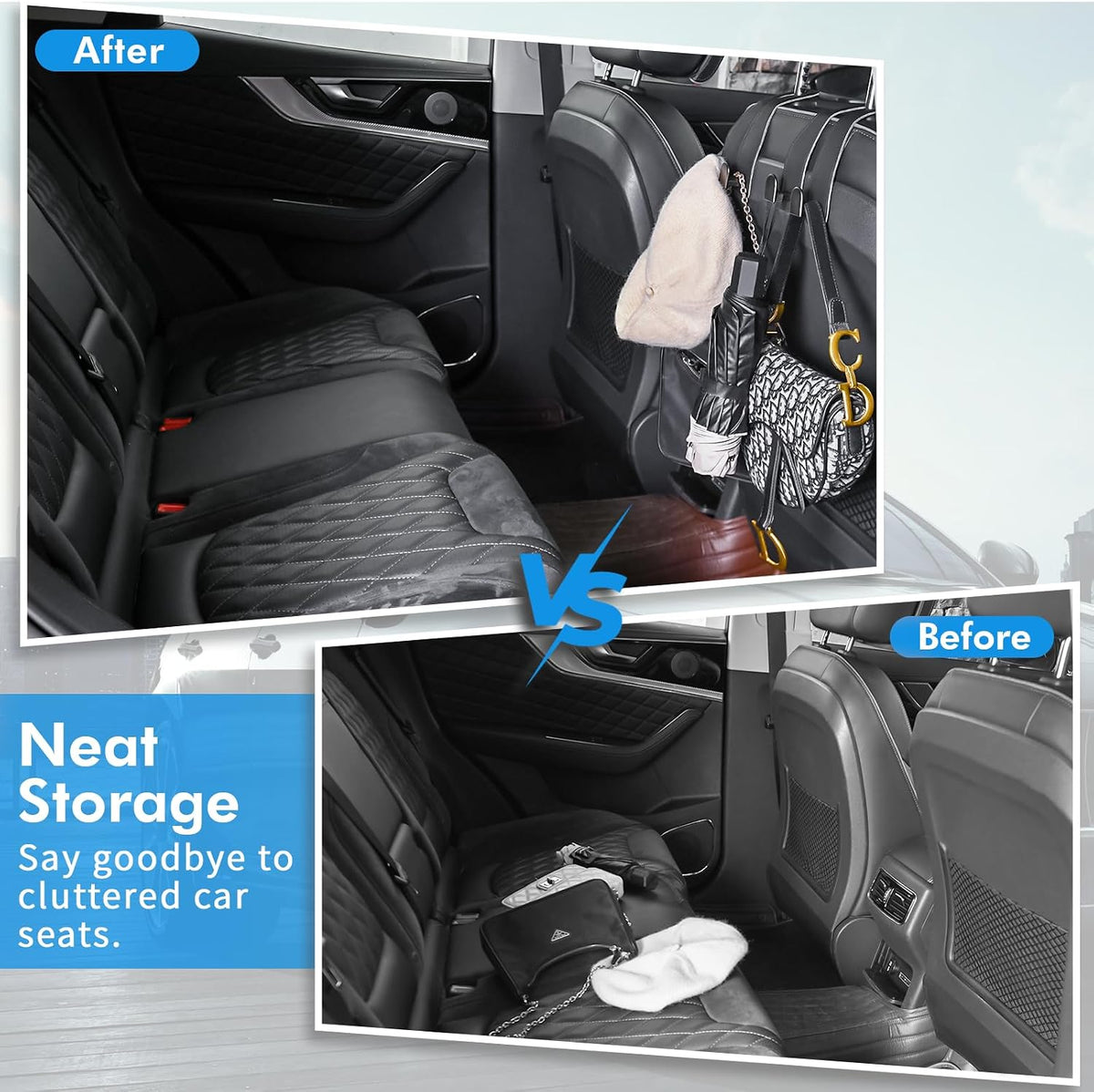 Car Hooks for Headrest, Leather Car Seat Back Storage Organizer Interior Accessories, More Wide & Deep Auto Seat Hook Hangers for Purse Umbrellas Handbag Clothes Coats Grocery Bags (Black-4 Pack)