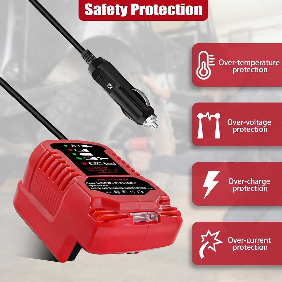 Car Charger for Craftsman 20V Battery, Vehicle Replace Charger for Craftsman V20 Batteries CMCB204 CMCB202 CMCB201 CMCB209 CMCB205, LED Indicator, Compact Design