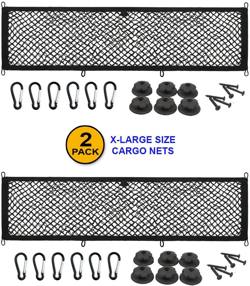 [2 PACK] JAVOedge Extra Large Cargo Net for Car, SUV, Truck, RV, Boat – Elastic Storage Mesh Organizer with Built‑In Hooks, 12 Screws & 12 Carabiners – Heavy‑Duty Trunk Cargo Net & Vehicle Storage Bag