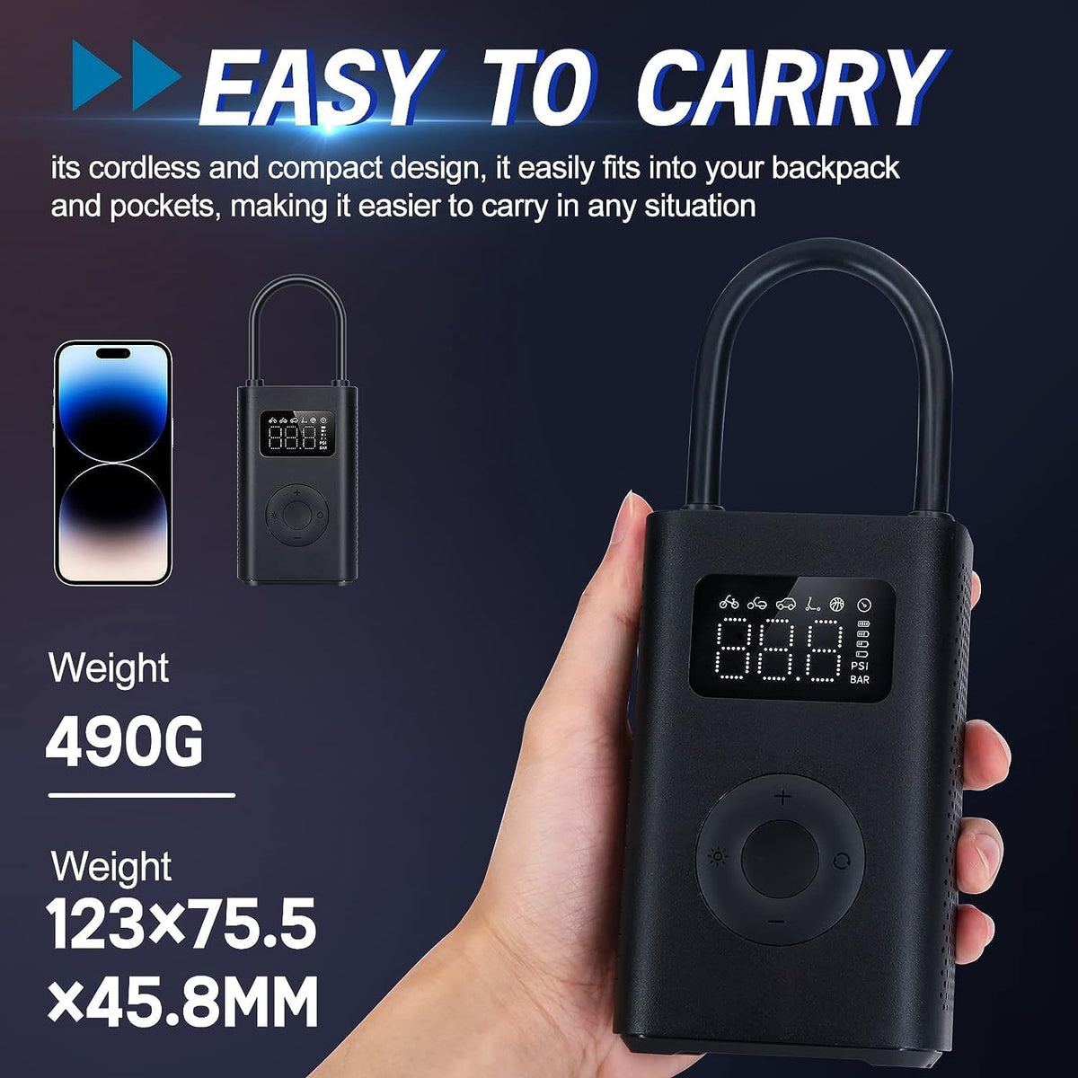 Xiaomi Portable Electric Air Compressor, 150 PSI Tire Inflator for Car, Scooter, Bike Tires and Balls - Cordless with Digital Pressure Detection