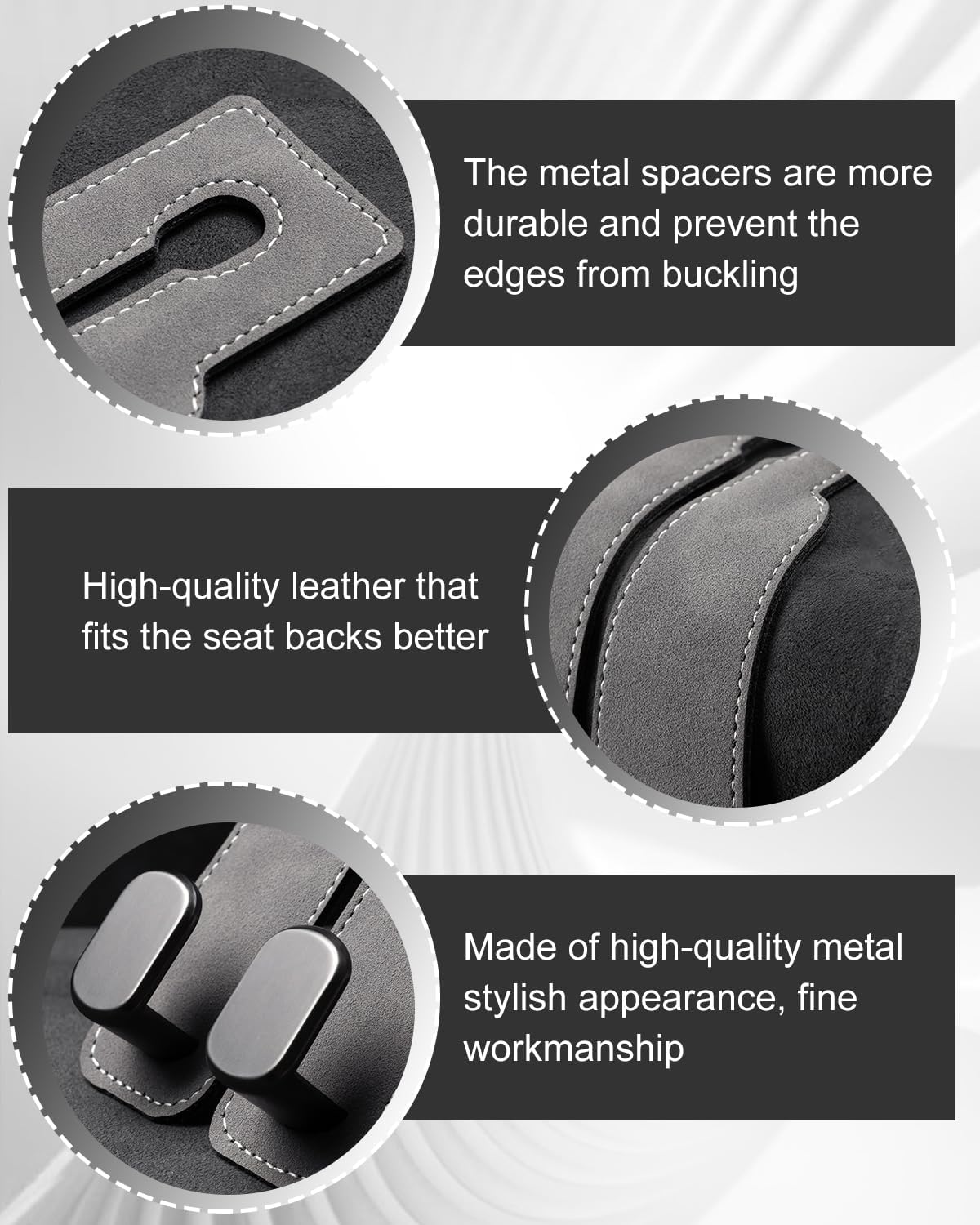 2 Pcs Car Hooks for Headrest, Adjustable Vehicle Seat Back Car Organizers and Storage Accessories, Universal Fit Double Metal Leather Purse Holder for Car (Grey)