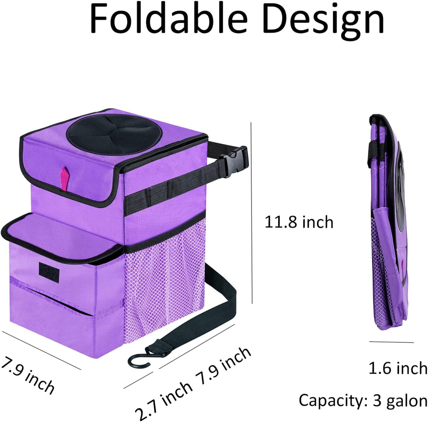Car Trash Can Foldable Garbage Bin Leakproof 3 Gallons Purple