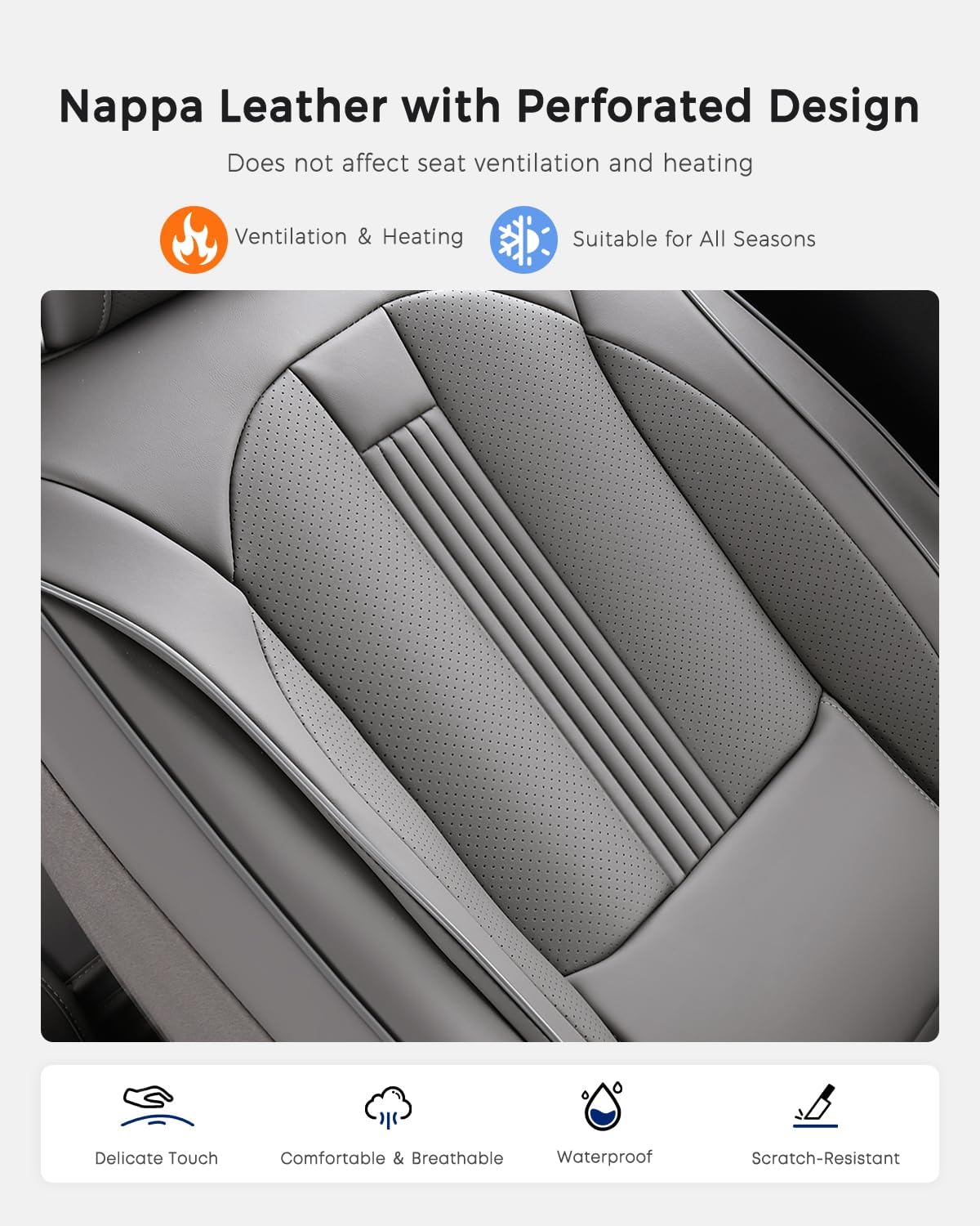 Huidasource Gray Back Seat Covers, Nappa Leather Rear Seat Covers with Ventilation Holes, Velcro Adjustable, Compatible with Seat belts, Child Safety Seats, Universal Fit for Most Cars SUV Trucks Gray