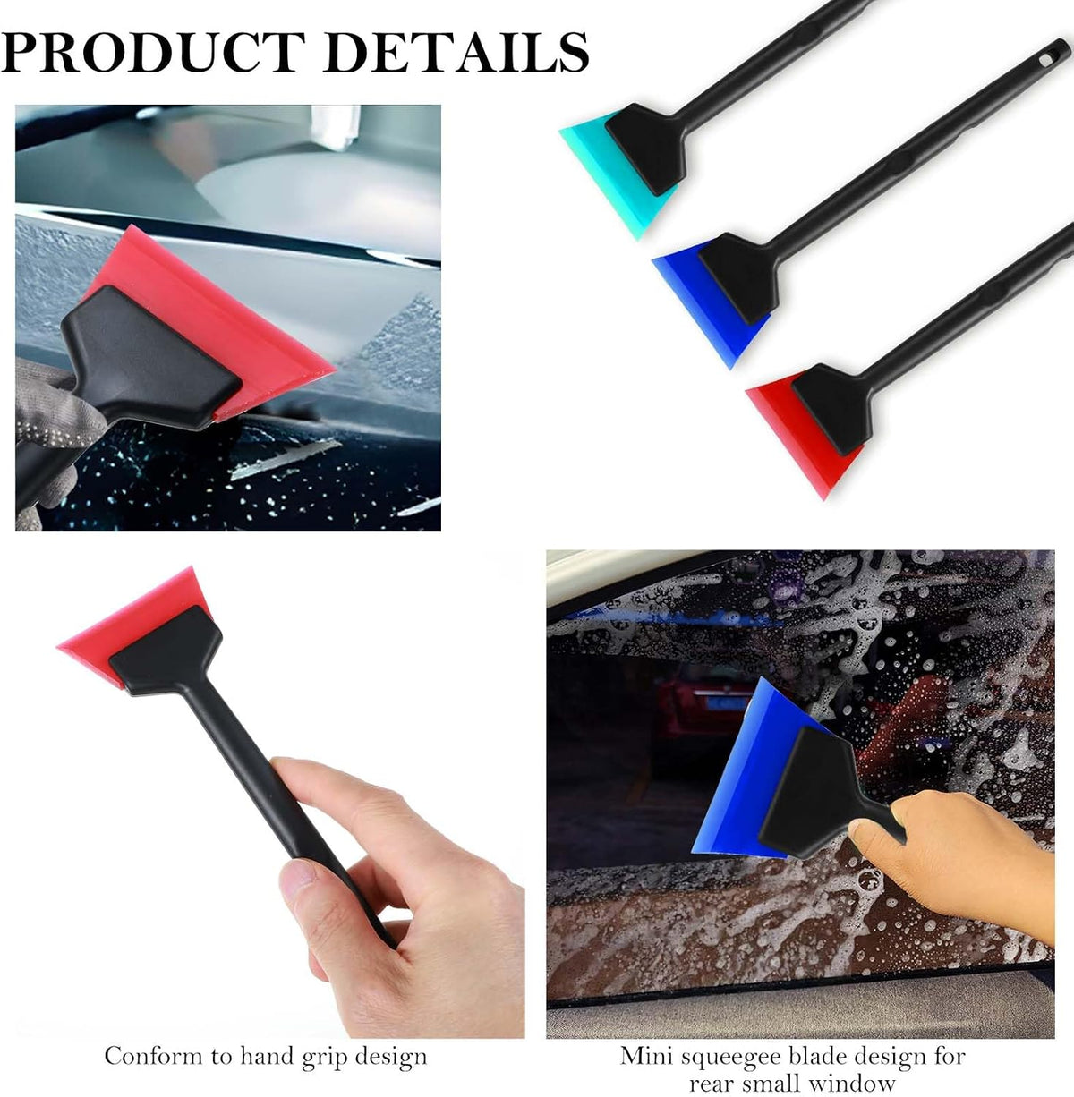 3Pcs Rubber Mini Squeegee, Window Tint Squeegee with Anti Slip Handle, All Purpose Vinyl Wrap Tool Kit for Car Corner Window Windshield Glass Mirror