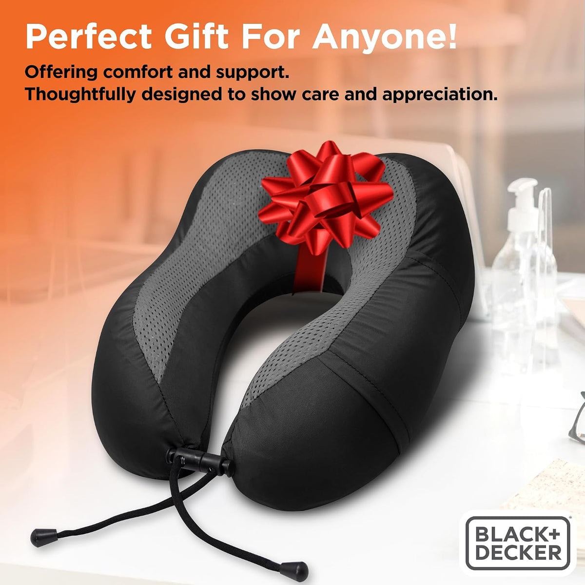 BLACK+DECKER Cooling Gel Memory Foam Neck Pillow – Travel Pillow for Plane, Car &amp; Train – Ergonomic Neck Support, Slow Rebound Memory Foam, Washable Cover, Universal Fit, Black