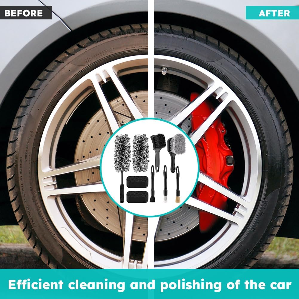 9-Piece Car Wheel & Tire Cleaning Brush Kit, Soft-Bristle Wheel Brushes, Microfiber Flat Brush, Detailing Brushes & Cleaning Pads for Cars, Trucks & SUVs