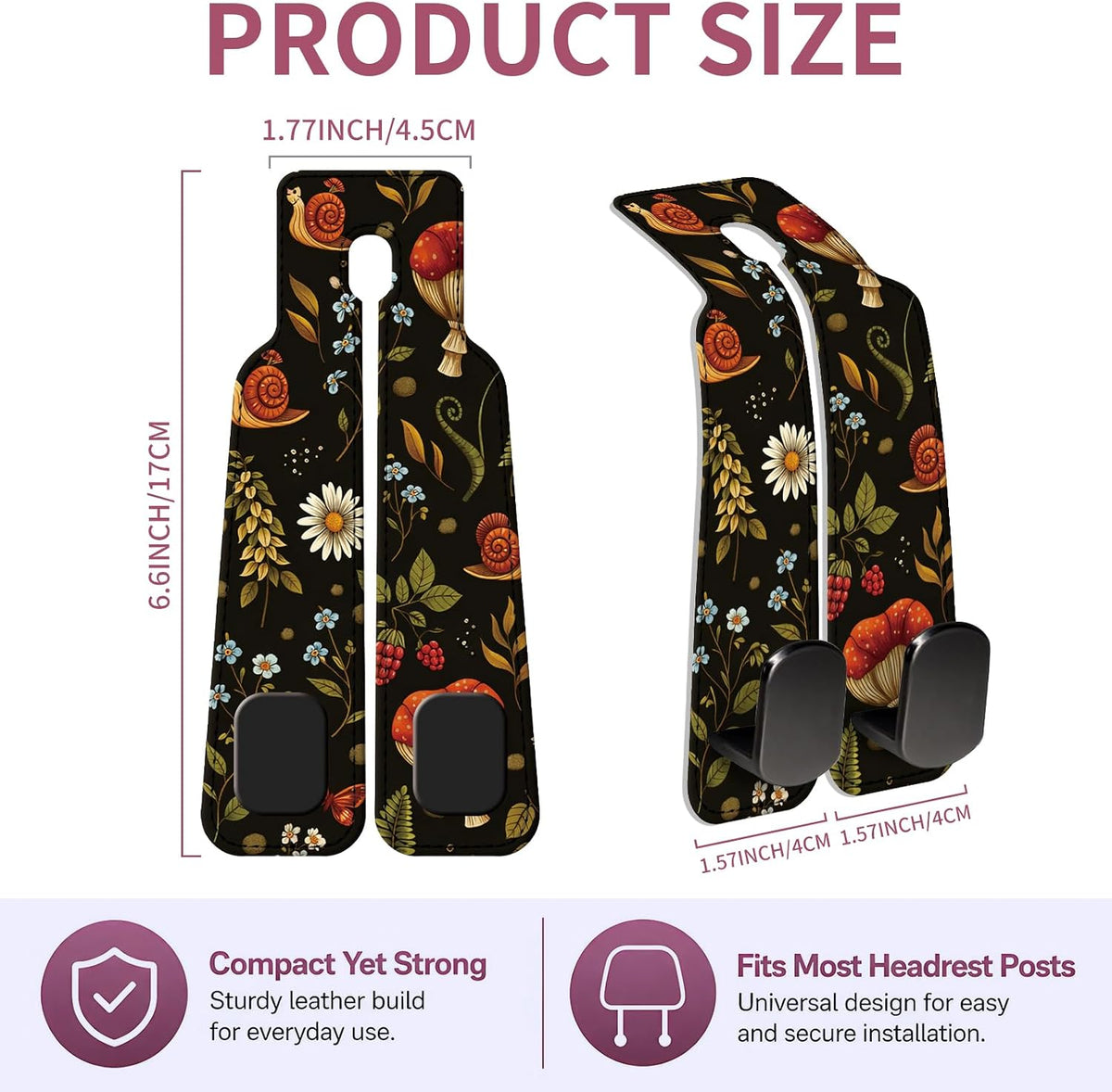 Car Seat Back Storage Hook, Funny Car Purse Hook, Cute Vehicle Storage Organizer for Purses Handbags Dark Floral Mushroom