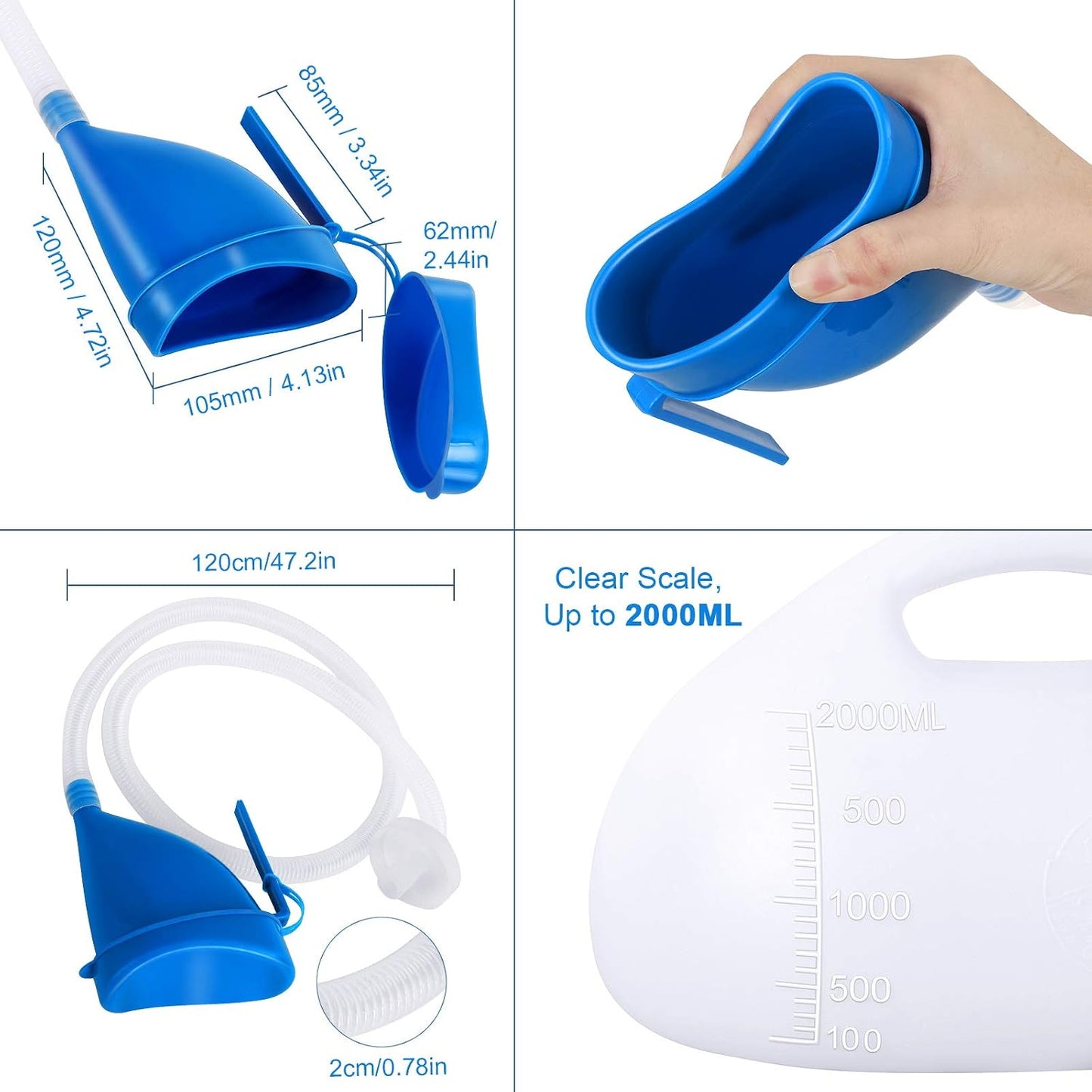 Unisex Potty with Lid and Funnel, Portable Pee Bottle for Men and Women, 2000ml Large Capacity Male Female Reusable Urinals, Emergency Urine Collection for Hospital Home Camping Car Travel