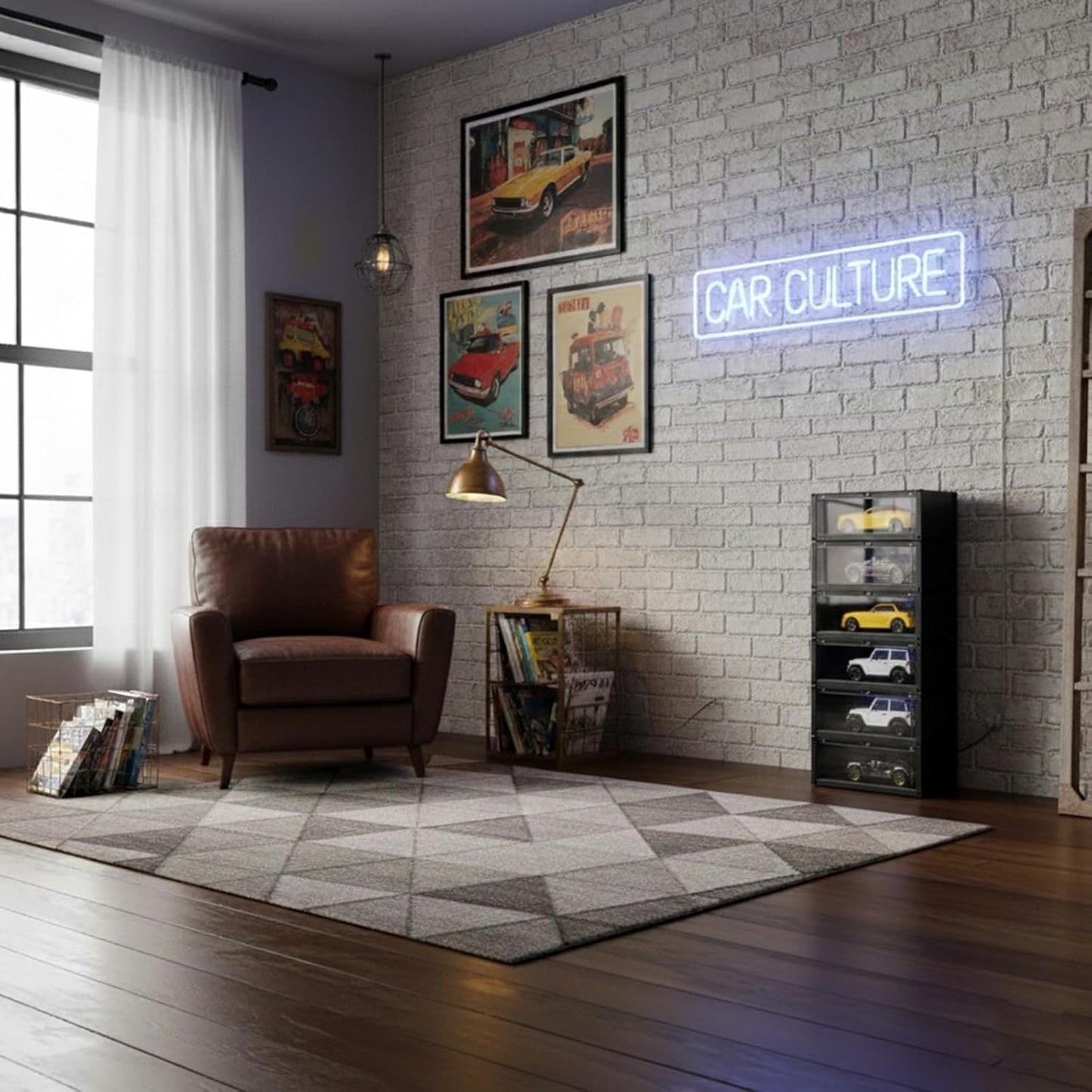 Display Case with LED Light for 1/18 Scale Model Car | Shipping Container Style Garage Diorama Show Case - Modern Mirror Reflective Interior, Grid Floor Showroom Design, Stackable