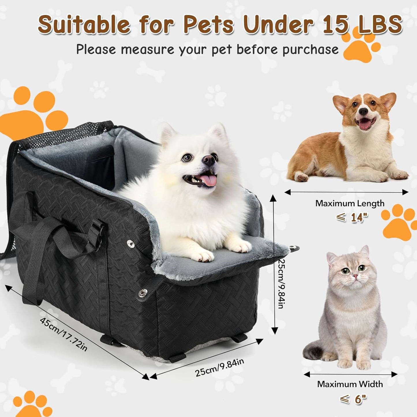 Center Console Dog Car Seat for Small Dogs Cats (Up to 15 lbs) - Washable, Foldable Pet Booster Seat with Safety Hooks, Adjustable Straps &amp; Storage Pocket